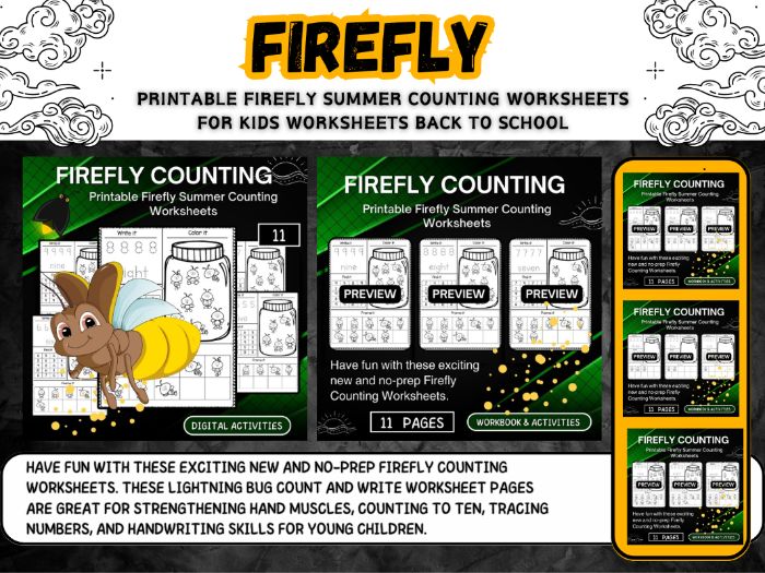 Printable Firefly Summer Counting Worksheets first day of school