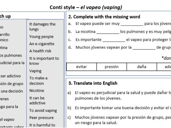 Vaping and Health in Spanish – Conti-Style Vocabulary & Practice Worksheet