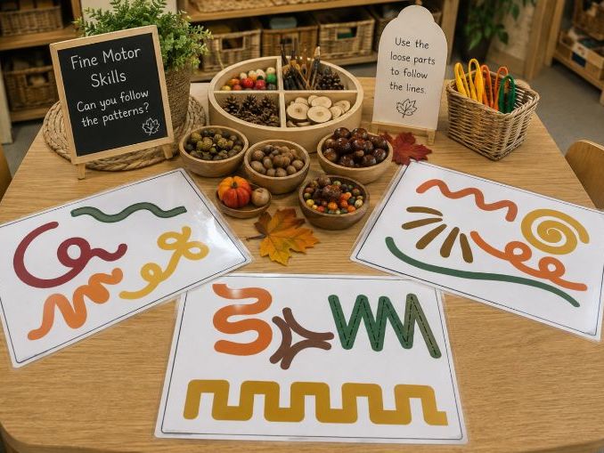 Autumn Fine Motor Skills Mats | Loose Parts Pattern Cards for Nursery & Reception