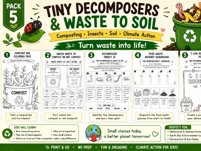 Tiny Decomposers & Waste to Soil Worksheet Pack |Composting, Soil & Waste Reduce