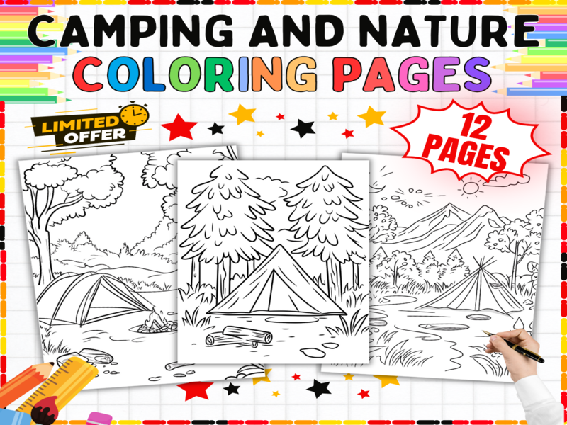 12 Camping and Nature Colouring Pages | Outdoor Adventure Art Activities | Printable Worksheets