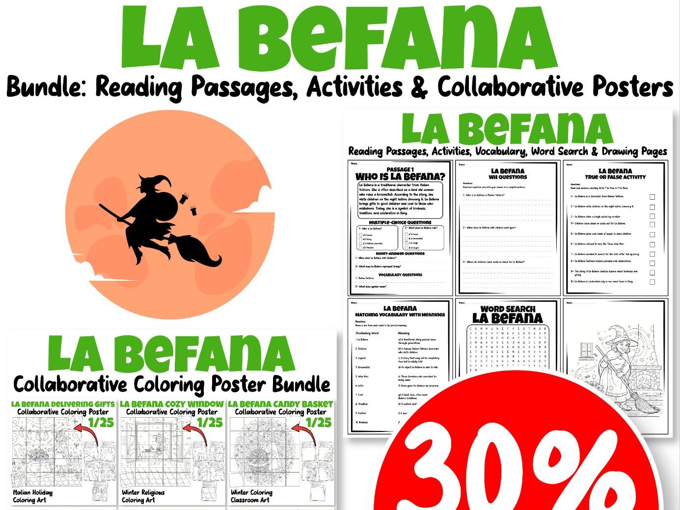 La Befana Bundle: Reading Passages, Activities & Collaborative Posters