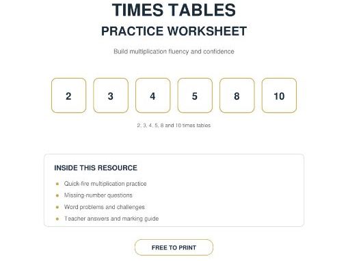 Year 3 Times Tables Practice — 2, 3, 4, 5, 8 and 10 Times Tables | Free Worksheet with Answers