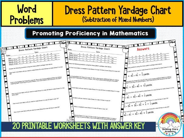 Dress Pattern Yardage Chart Word Problems Worksheets | Subtraction of Mixed Numbers | Real-Life Math