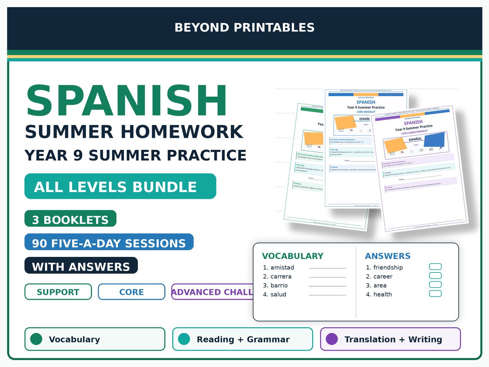 Spanish Summer Homework Year 9 Bundle | Support, Core & Advanced Challenge with Answers