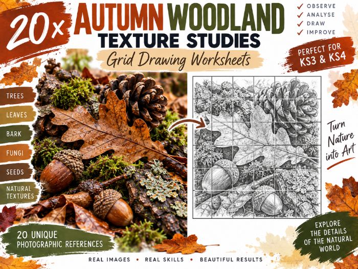 20 Autumn Woodland Texture Grid Drawing Worksheets | KS3 & KS4 Art | 6×6 Drawing Activities