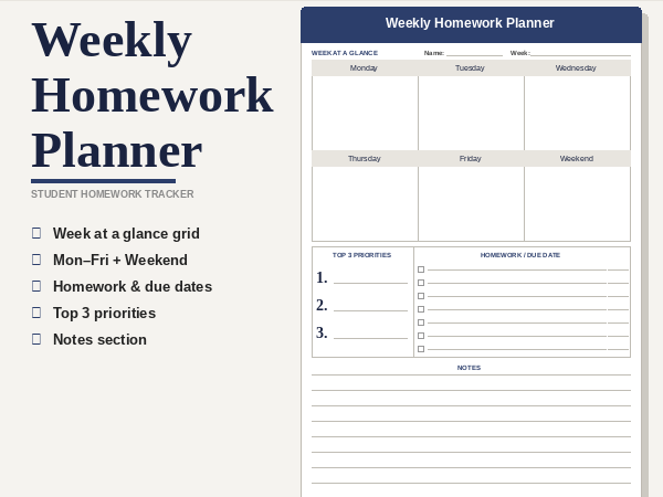 Weekly Homework Planner for Students | Printable Study Schedule Template