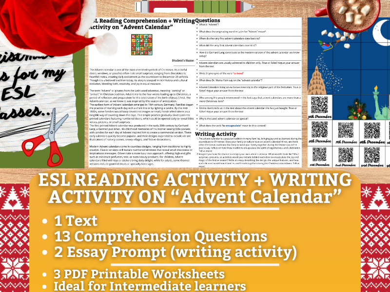 ESL Reading Comprehension + Writing Activity - Advent Calendar - Christmas