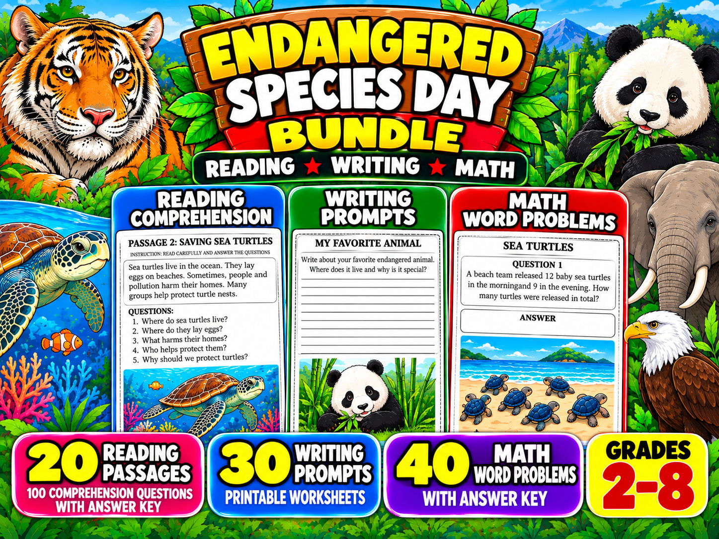 Endangered Species Day Bundle | Reading Comprehension, Writing Prompts and Math