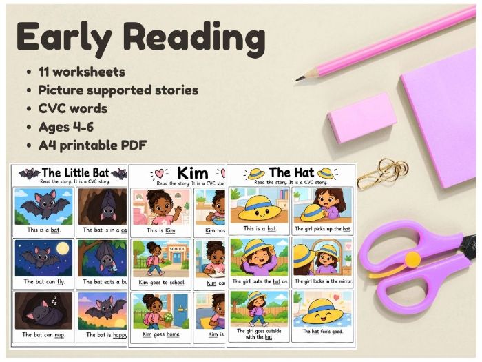 11 CVC Reading Worksheets Ages 4-6