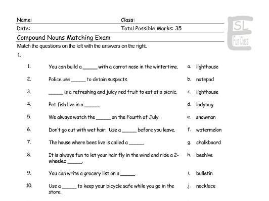 compound nouns matching exam teaching resources