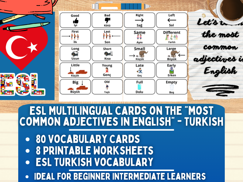 ESL Multilingual Vocabulary Flashcards - Most Common Adjectives - Turkish