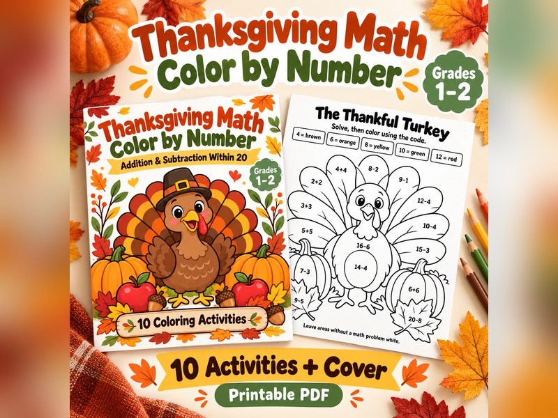 Thanksgiving Math Colour by Number Grades 1-2