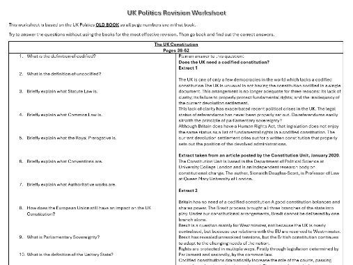 AQA 7152 Politics Revision Question Sheets - Full UK Side Sheet