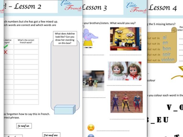 French KS2 KS3 worksheets: Greetings, Numbers, Colours, Siblings