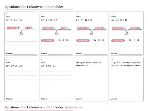 Equations Unknown Both Sides Worksheet GCSE