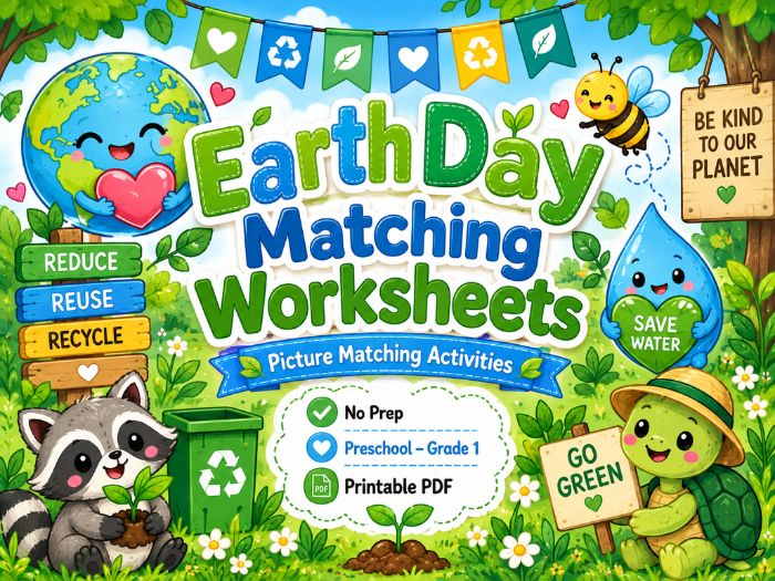 Earth Day Matching Worksheets | Picture Matching, Numbers, Letters, Shapes & Colors | Preschool–1