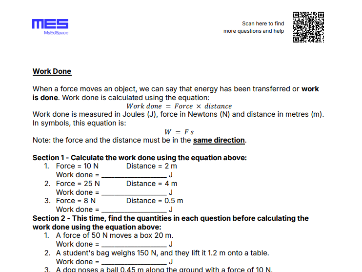 GCSE Physics AQA FT Topic 1: Energy - Work Done Worksheet