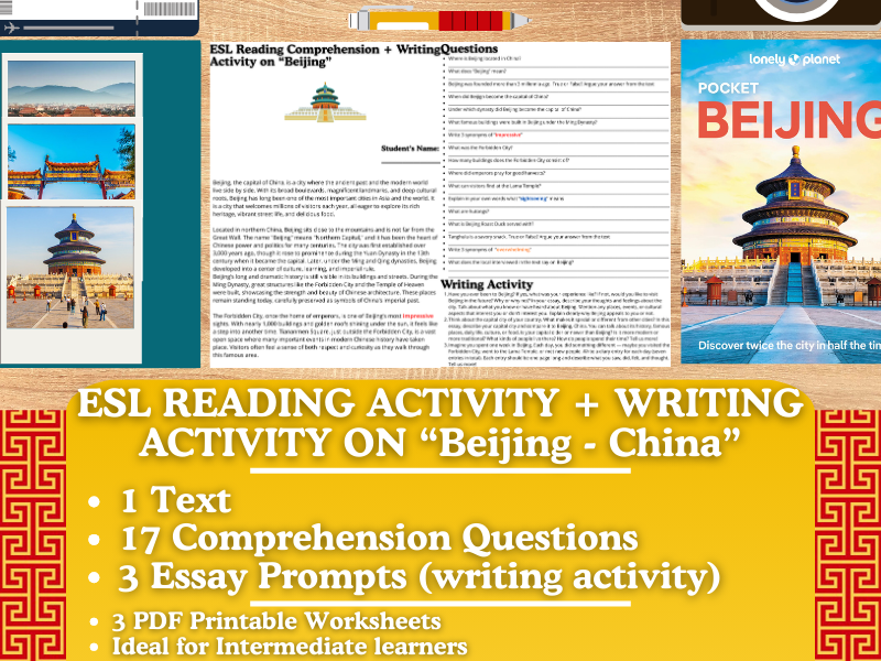 ESL Reading Comprehension + Writing Activity Worksheets on "Beijing" - China
