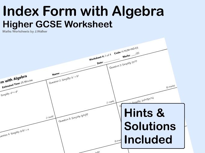 GCSE Maths Worksheet: Index Form with Algebra - Higher Tier