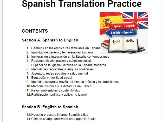 Spanish A Level: 24 Translations + Answers. Exam practice.