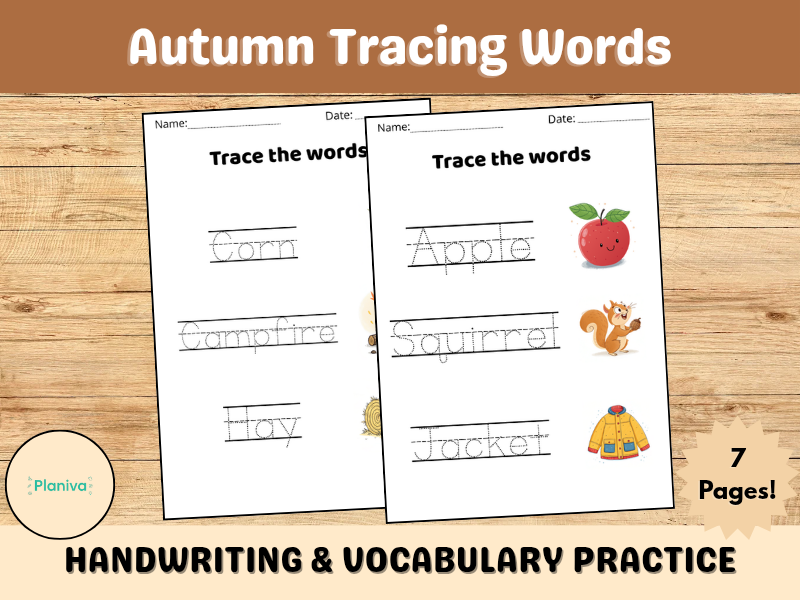 Autumn Tracing Words | Handwriting & Vocabulary Practice for EYFS & KS1 | Black & White Fall Theme