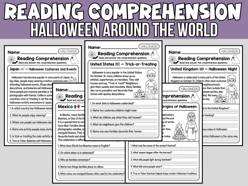 Halloween Reading Comprehension: Around the World Passages, Questions & Answer Key | KS2 English