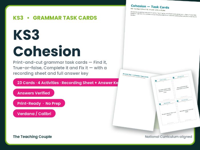 KS3 Cohesion Task Cards – 23 Grammar Cards + Answer Key