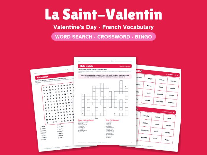 Valentine's Day in French: Word Search, Crossword & Bingo