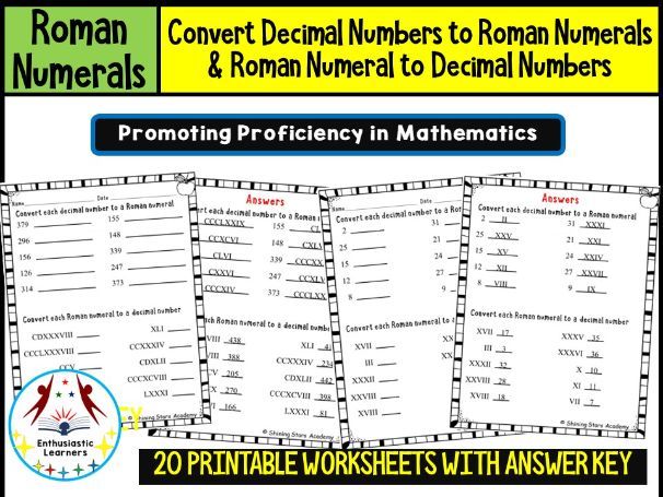 Decimal to Roman and Roman to Decimal Numerals Conversion Worksheets Math