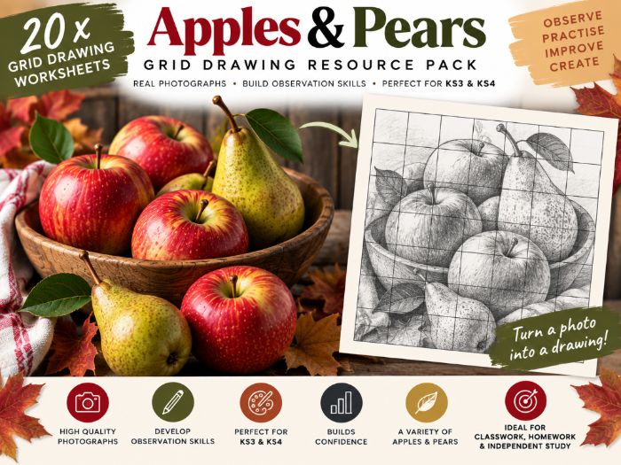 Apples & Pears Grid Drawing Worksheets – 20 Observational Drawing Activities | KS3 & KS4 Art