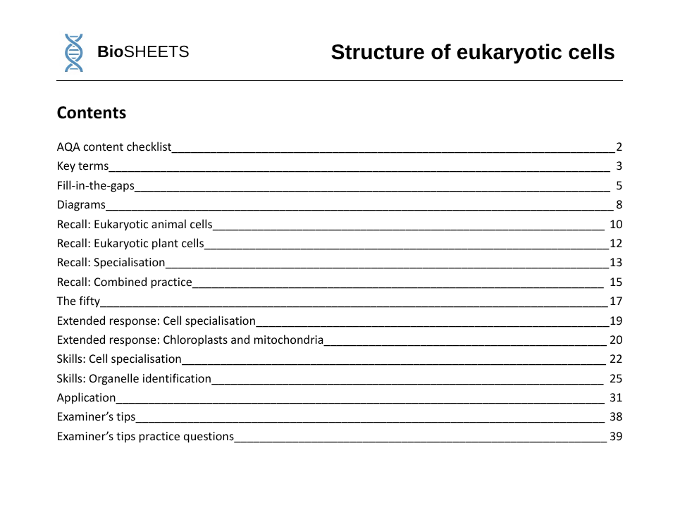 [FREE] AQA A-Level Biology: 2.1 Eukaryotic cells – BioSHEETS Complete Study & Practice Pack