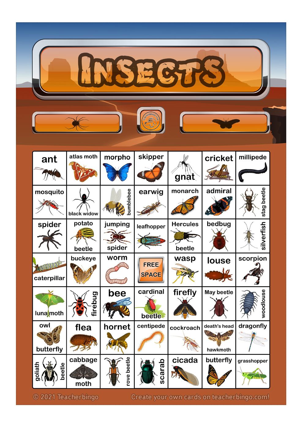 Crawling Critters Bingo (insects) 7x7 (100 pages + call sheet