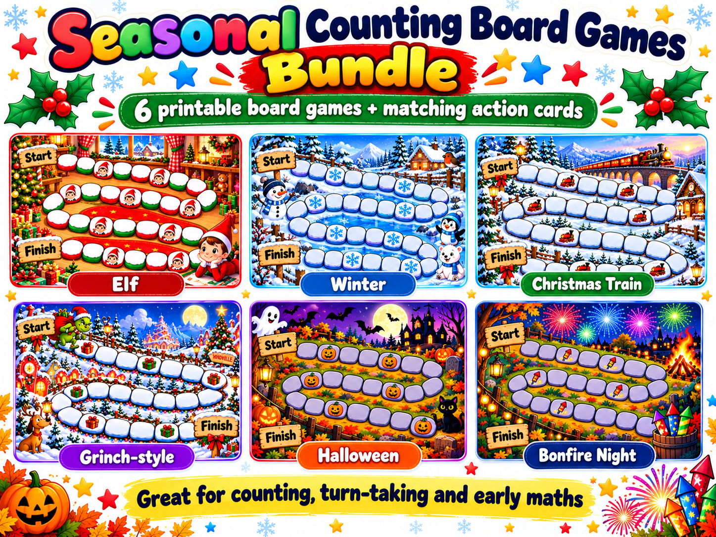 Seasonal Counting Board Games Bundle | Christmas, Halloween & Bonfire Night | SEND, EYFS & KS1 Maths