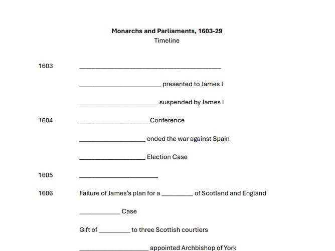 Gap-fill timeline - Monarchs and Parliaments 1603-29 (AQA A-level history Unit 1D)
