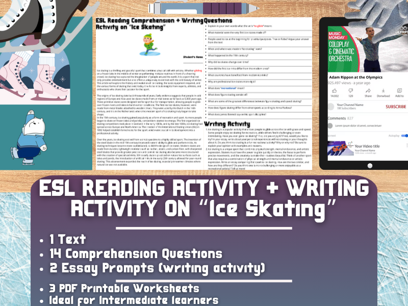 ESL Reading Comprehension + Writing Activity Worksheets on Ice Skating