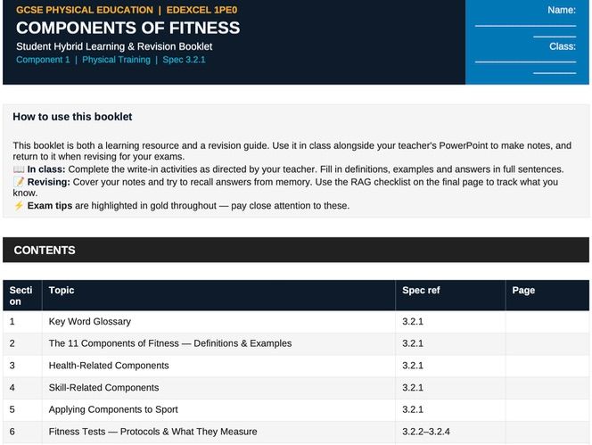 Components of Fitness & Fitness Testing | Edexcel GCSE PE | Student Booklet