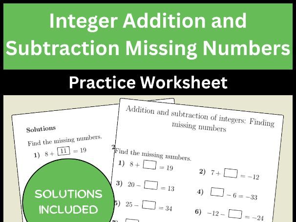 Integer Addition and Subtraction Missing Numbers Practice Worksheet