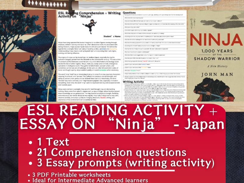 ESL Reading Comprehension + Writing Activity Worksheets - Ninja - Japan