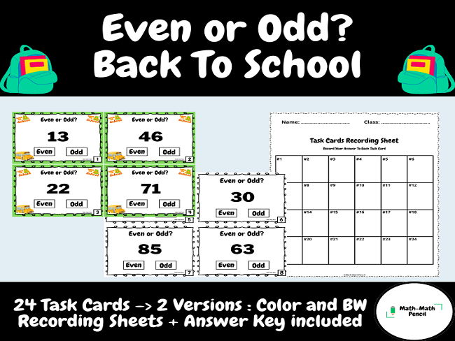 Even or Odd | Math Task Cards With Answer Key | Back to School | First Grade
