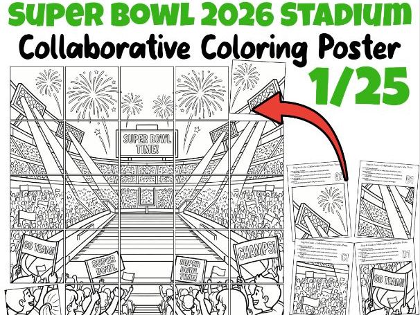 Super Bowl 2026 Stadium Collaborative Coloring Poster | Football Classroom Fun
