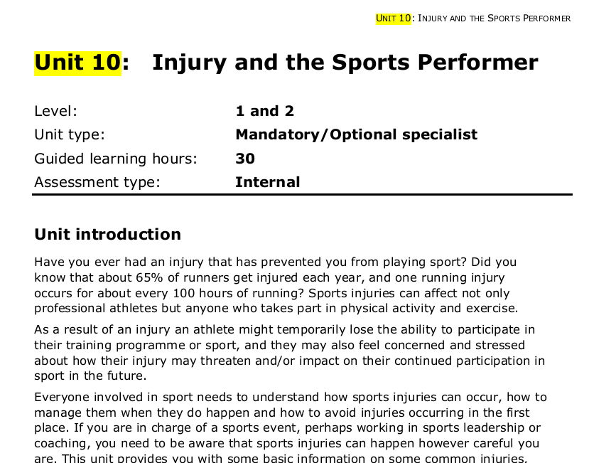 Level 2 Sport Unit 10 Injury and the Sports Performer