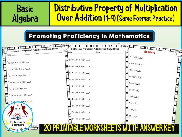 Distributive Property of Multiplication over Addition (Numbers 1–9) Worksheets Math Problems