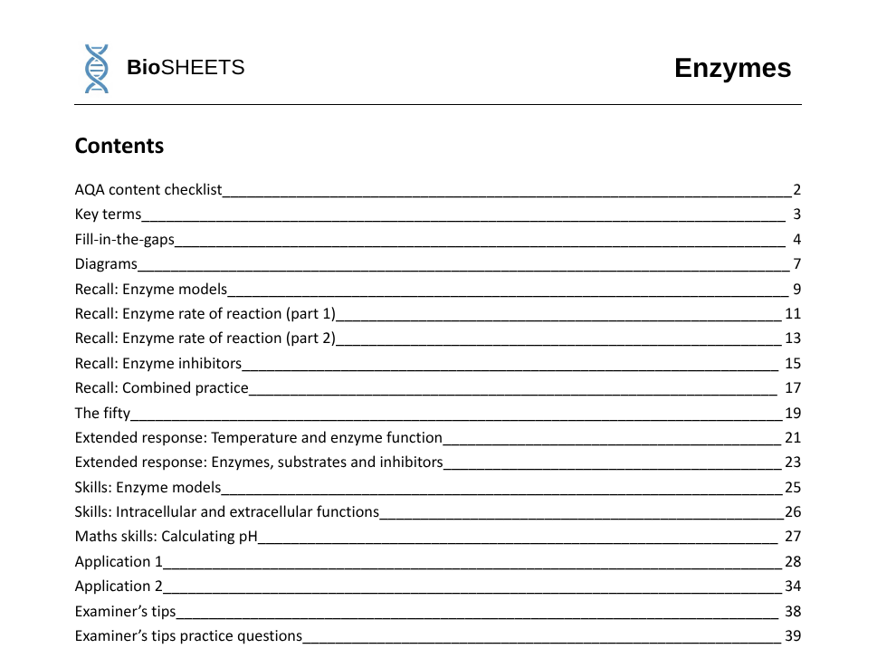 AQA A-Level Biology: 1.4.2 Enzymes – BioSHEETS Complete Study & Practice Pack