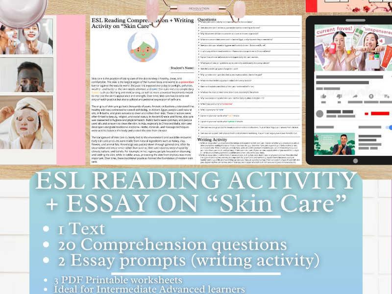 ESL Reading Comprehension + Writing Activity Worksheets - Skin Care