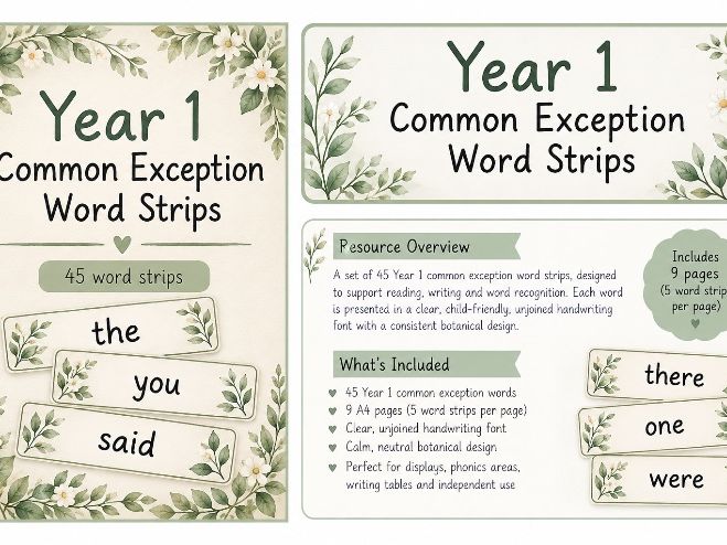 Year 1 Common Exception Words – Botanical Sky, Grass & Ground Word Strips | KS1