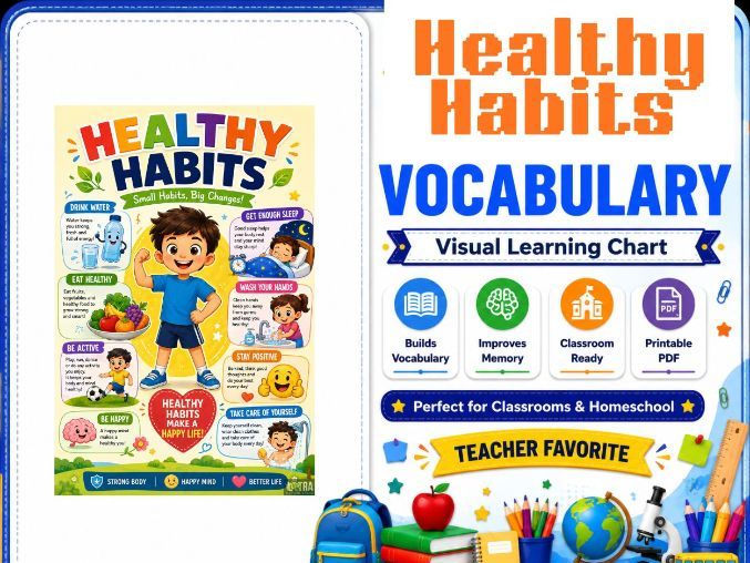 Printable Healthy Habits Poster for Kids – Visual English Vocabulary & Health Education Chart