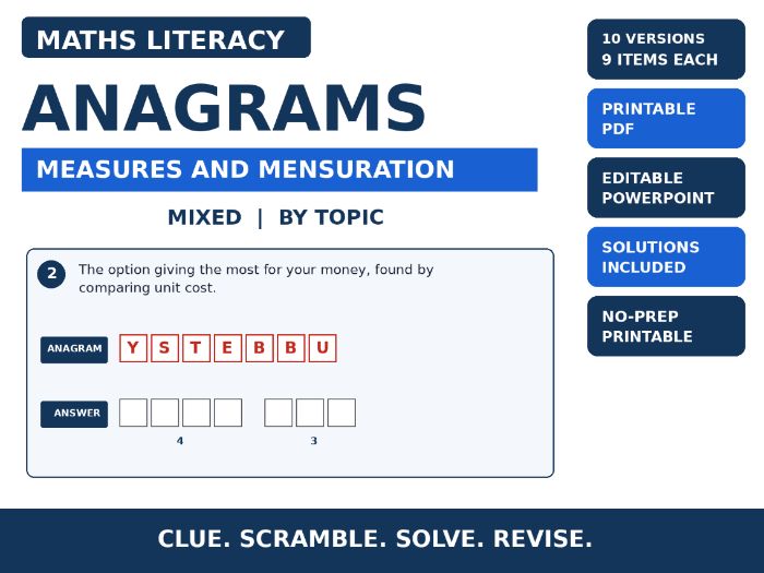 Maths Literacy Anagrams: Measures and Mensuration | 10 Worksheets, Editable PowerPoint + Solutions