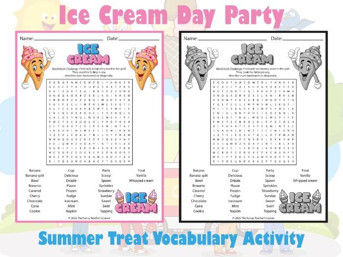 Ice Cream Day Party Word Search | Summer Treat Vocabulary Activity