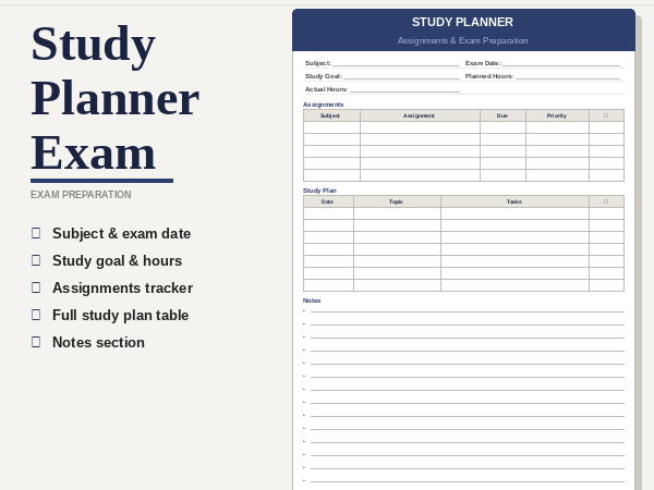 Study Planner for Students | Assignment & Exam Preparation Template